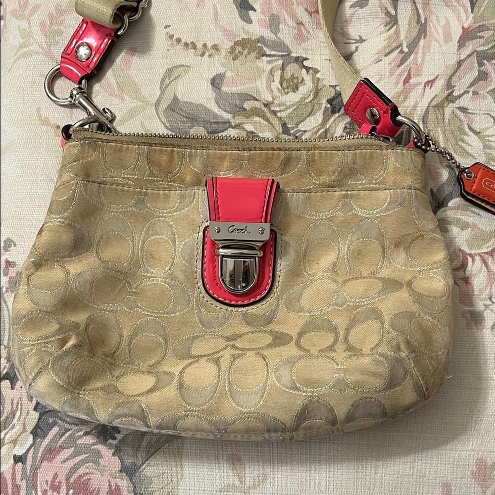 Coach Tan Signature Crossbody with Pink Trim